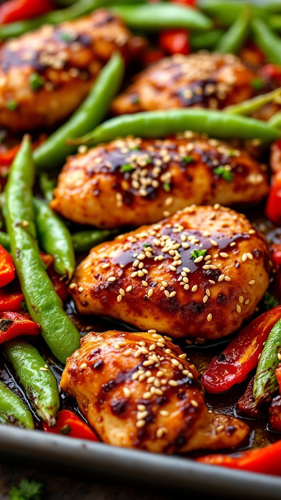 This teriyaki chicken dish is a weeknight winner. The juicy chicken pairs perfectly with fresh snap peas and vibrant red peppers, making dinner colorful and tasty. Toss everything on a sheet pan, and you get a stress-free meal ready in no time!