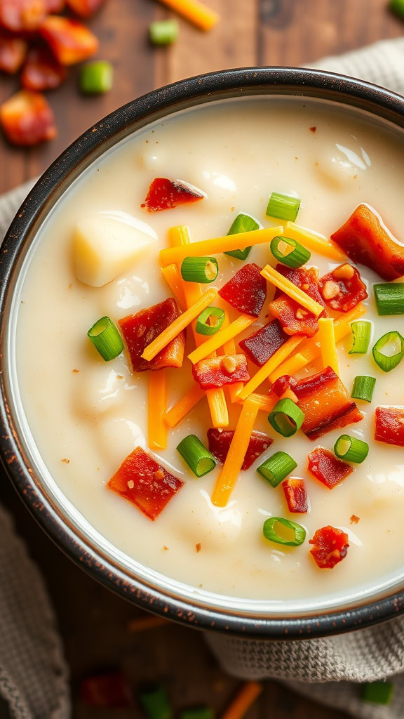 A bowl of loaded potato soup topped with cheese, bacon, and green onions.