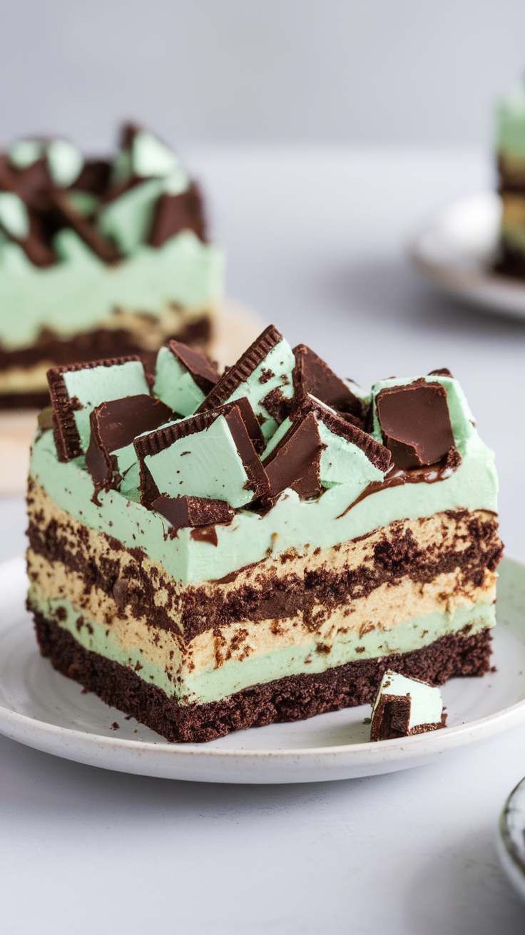 A slice of Thin Mint Cheesecake Brownie Cake topped with chocolate and mint pieces.