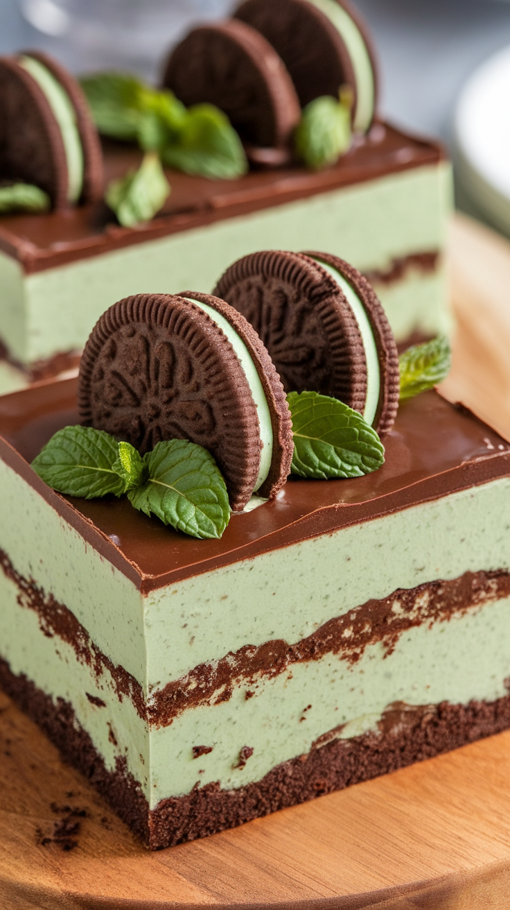 A delicious thin mint dessert layered with chocolate and mint cream, topped with mint leaves and mint-filled cookies.