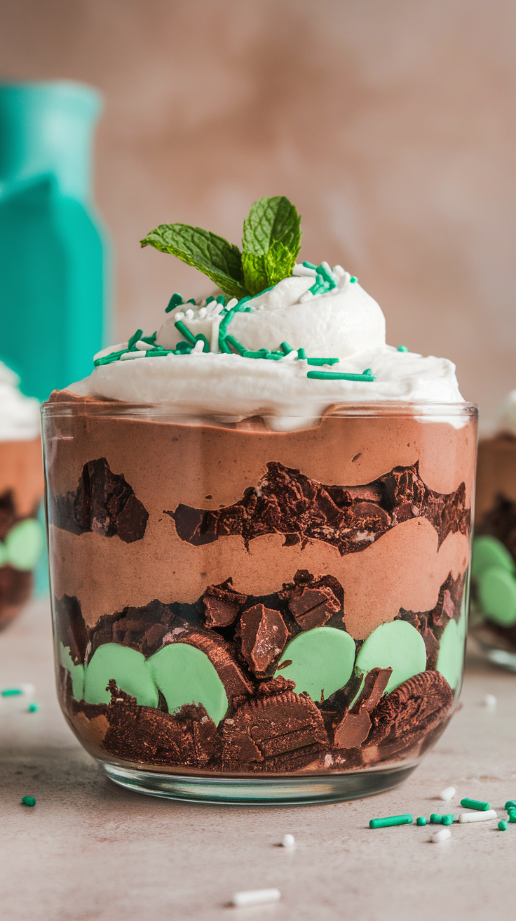 A close-up of a dessert cup featuring layers of chocolate mousse, crushed Thin Mints, and mint green candies, topped with whipped cream and sprinkles.