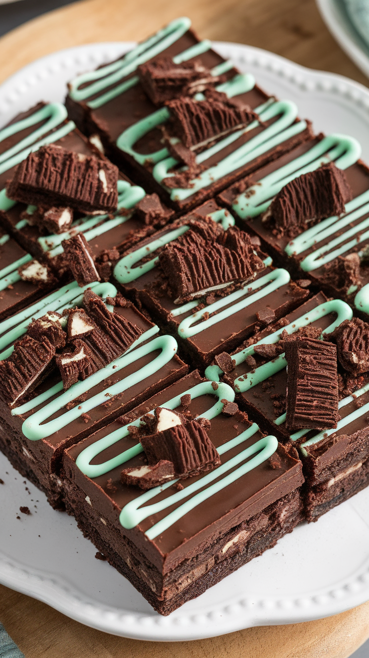 Deliciously layered Thin Mint Fudge Brownies with mint frosting and chocolate pieces on top.