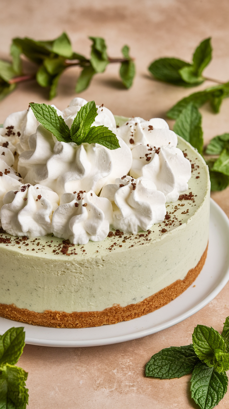 A delicious thin mint no-bake cheesecake topped with whipped cream and mint leaves.