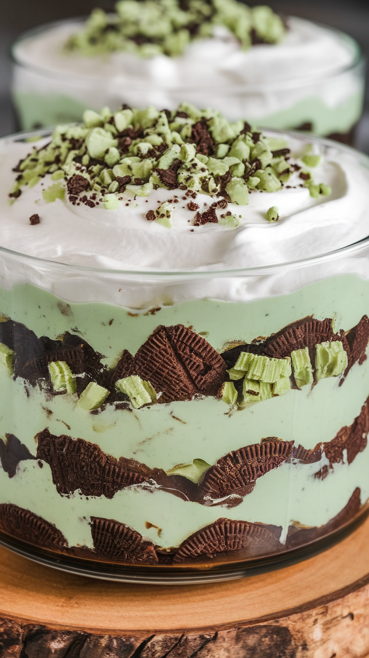 A close-up of a thin mint trifle with layers of chocolate cookies, mint cream, and whipped topping, garnished with crushed mint candies.