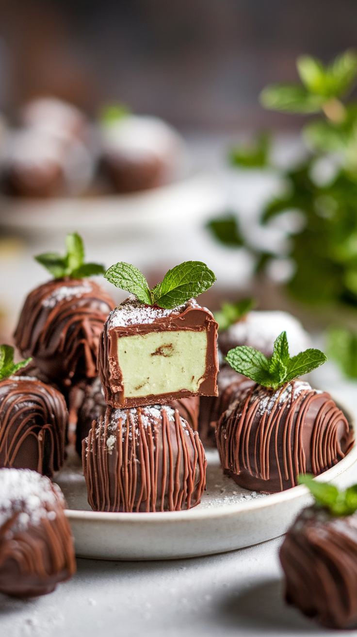 A close-up of Thin Mint Truffles with a mint leaf on top and one truffle cut in half showing the mint filling.