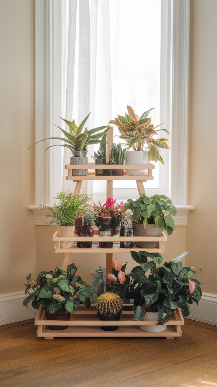 A tiered plant stand is a fun way to showcase your favorite greenery. You can arrange a variety of plants at different heights to create visual interest. This setup not only saves space but also brings a natural vibe to your living room.