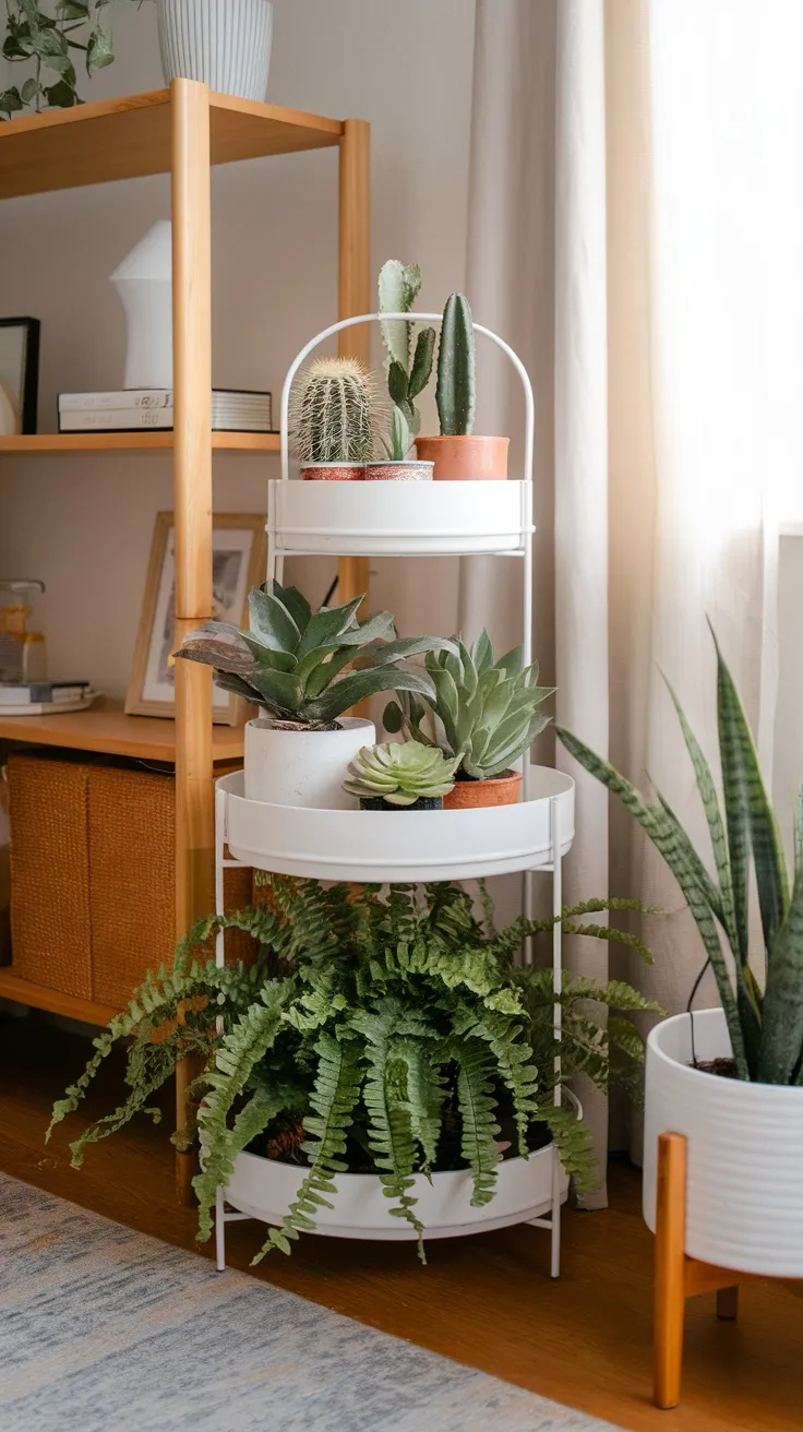 What It Is: Compact shelving units or corner shelves designed to fit into tight spaces. Use small plants like succulents, air plants, or mini ferns to keep things proportional.