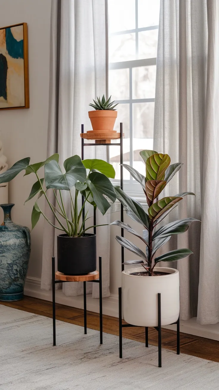 Tiered stands are a fun way to display your plants in style. They create visual interest and help you utilize vertical space in your living room. Plus, you can mix and match plant sizes for an eye-catching arrangement!