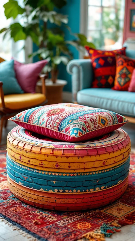 Tire ottomans are a fun and funky way to add some flair to your space. They not only provide a unique seating option but also double as storage or a coffee table. With vibrant colors and patterns, they can brighten up any room!