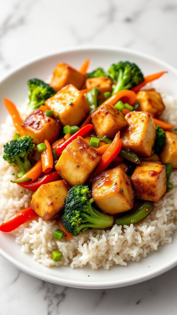 Tofu stir-fry is a quick and tasty dish that packs a punch of flavor. The crispy tofu cubes mix perfectly with vibrant veggies and a savory sauce, making every bite satisfying.