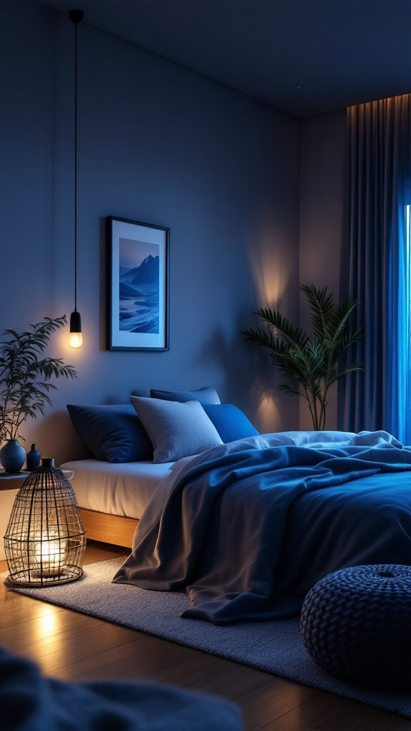 A serene blue guest bedroom featuring soft lighting, cozy bedding, and a warm atmosphere.