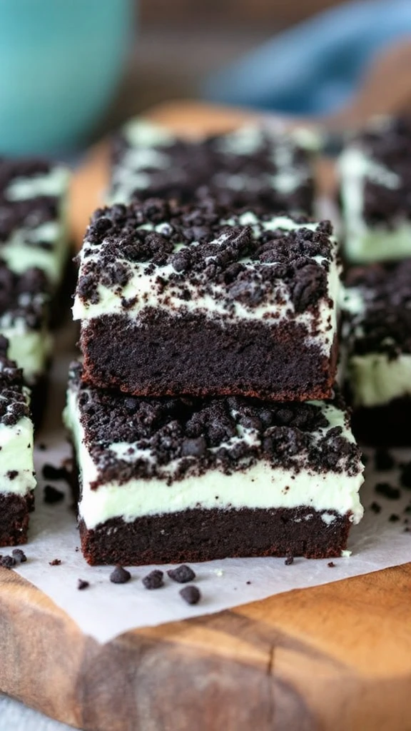 Stack of chocolate mint Oreo brownies on a wooden board