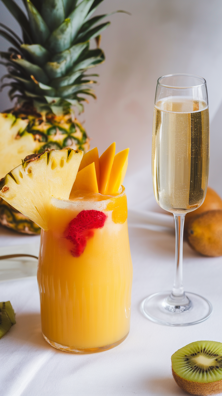 The Tropical Fruit Mimosa is a refreshing twist on the classic brunch drink. Bursting with flavors from a variety of tropical fruits, this bubbly cocktail is perfect for sunny days or festive gatherings. The blend of juicy pineapple, sweet mango, and a hint of raspberry creates a vibrant taste that's both fruity and fizzy.