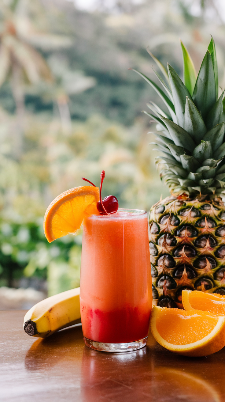 A colorful Tropical Rum Runner cocktail garnished with fruits.