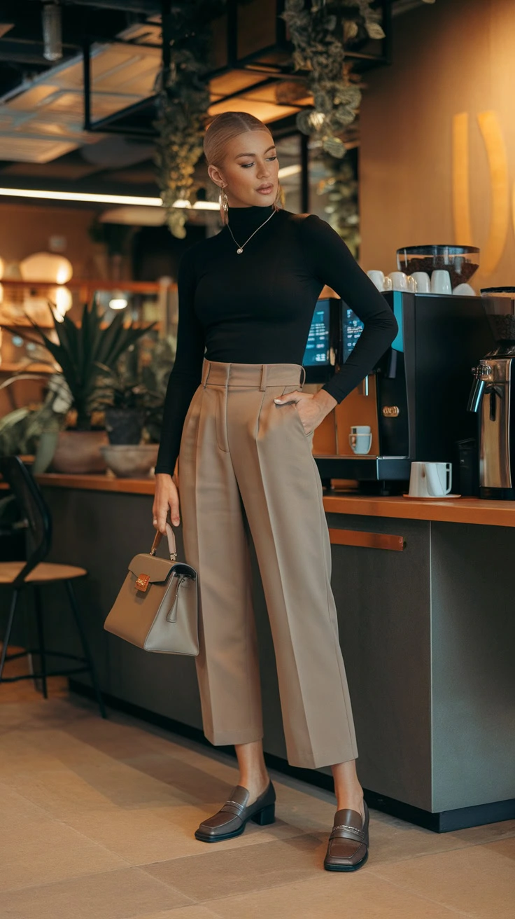 A fitted turtleneck paired with cropped trousers makes a chic and comfortable office outfit. This look combines elegance with a relaxed vibe, perfect for any work environment. Throw on some stylish loafers, and you're ready to tackle the day with confidence!