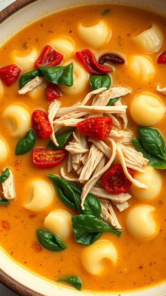 A bowl of Tuscan Chicken Gnocchi Soup with shredded chicken, gnocchi, spinach, and sun-dried tomatoes.