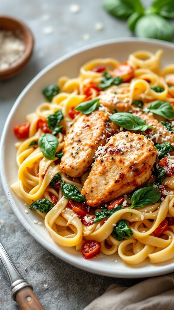 Tuscan chicken pasta is a quick and tasty dish perfect for busy nights. With tender chicken, fresh spinach, and juicy tomatoes, it’s a crowd-pleaser. Serve it with a sprinkle of Parmesan on top for a delicious finish!