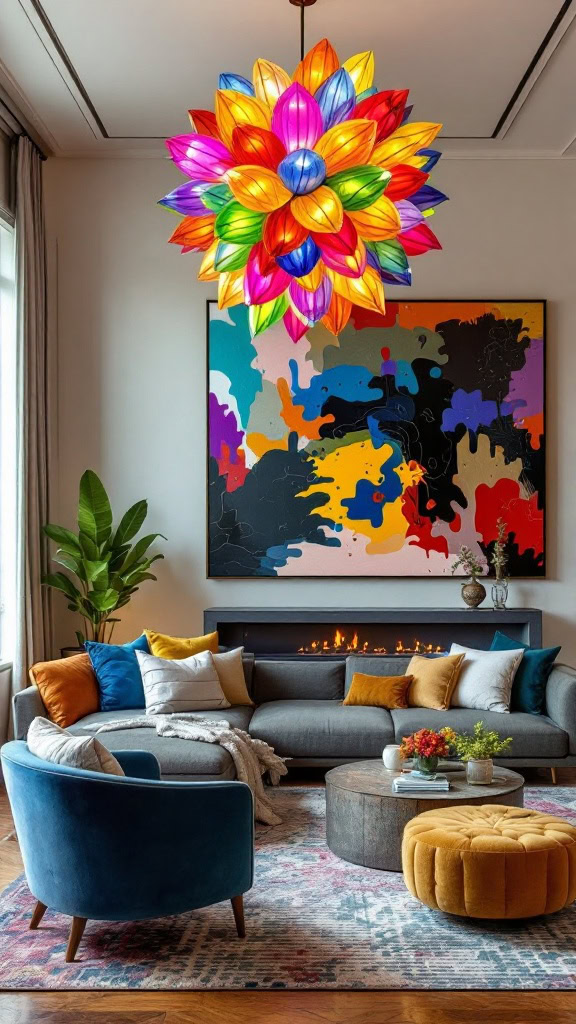 Lighting isn’t just functional—it’s a decor statement! A bold chandelier, colorful lamp, or quirky pendant light can instantly elevate your living room’s vibe.