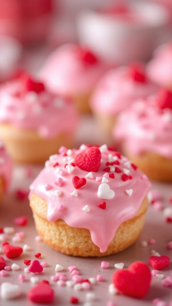 These adorable mini cakes are perfect for sharing on Valentine's Day! Each tiny treat is topped with sweet pink frosting and festive sprinkles that make them extra special. Check out the recipe to create these delightful cakes yourself!