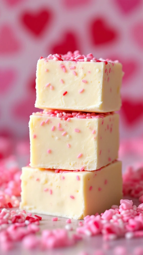 This Valentine’s Day, treat your loved ones to something sweet and fun! This white chocolate fudge is super easy to make and has a lovely pink sprinkle touch. It's a delightful treat that adds a pop of color and cheer to your celebration.