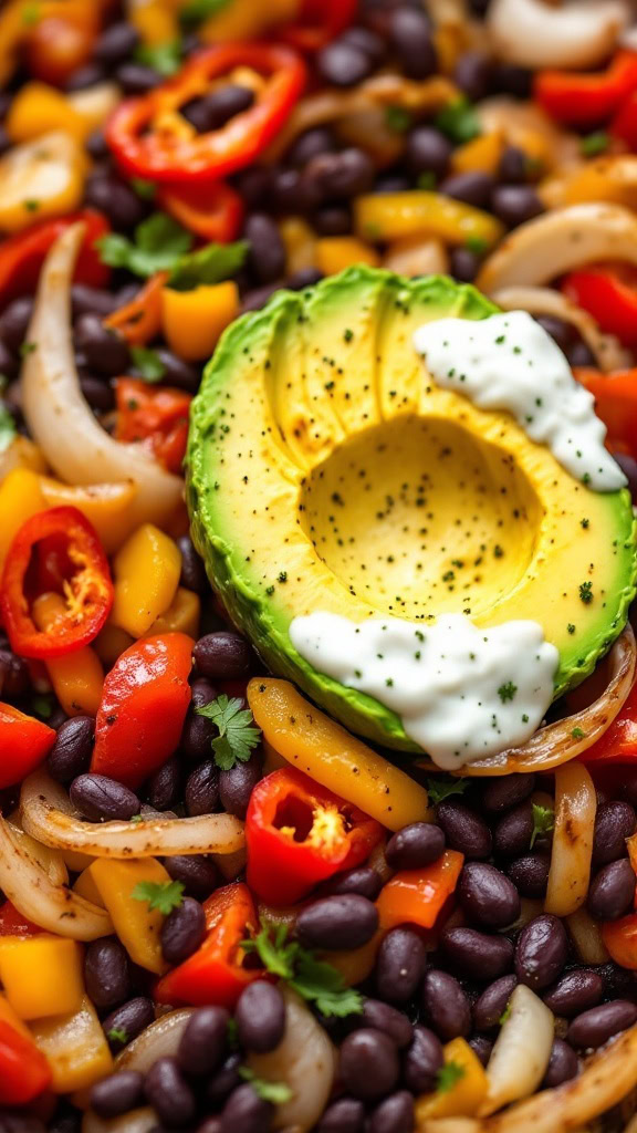 These fajitas are quick and tasty! Toss black beans, bell peppers, onions, and avocado on a sheet pan for a colorful meal. Just roast and serve in warm tortillas for a delicious dinner.