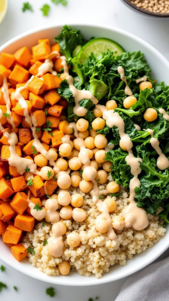 This Vegan Buddha Bowl is a colorful mix of flavors and textures. With roasted sweet potatoes, fresh kale, and creamy chickpeas, it's both filling and nutritious. Drizzle some tahini dressing on top for an extra kick and enjoy a delicious meal that's easy to make at home!