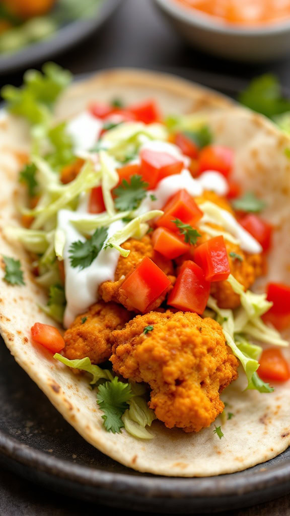 These Vegan Buffalo Cauliflower Tacos are a hit at any meal. The crispy cauliflower pairs perfectly with fresh toppings like lettuce and tomatoes. 