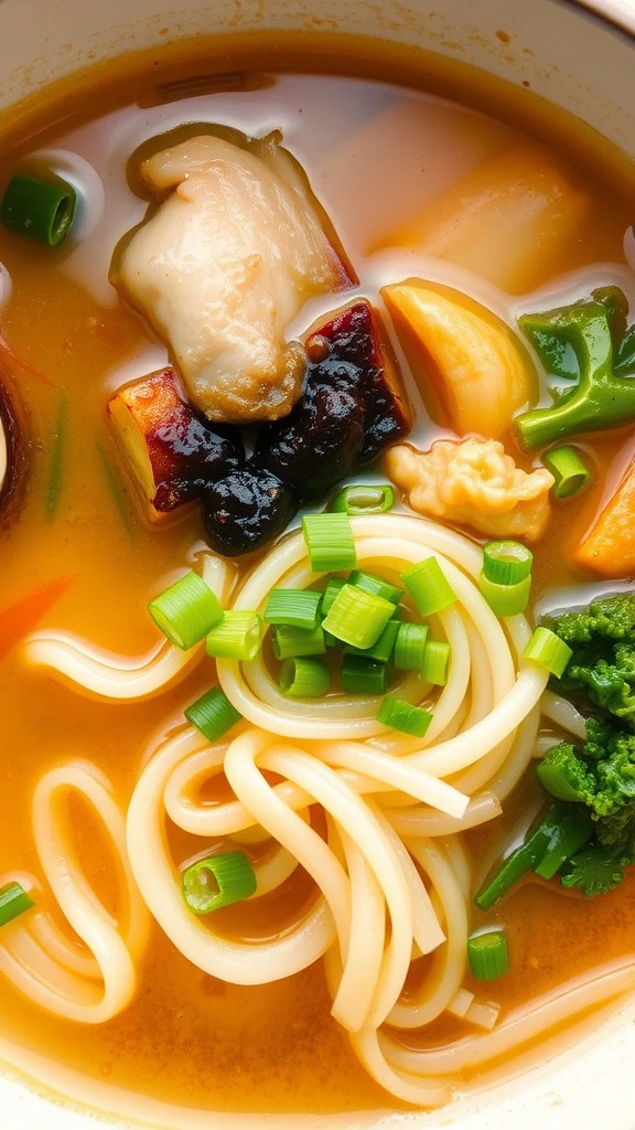 A bowl of Vegan Misua Soup with noodles, vegetables, and a slice of lemon.