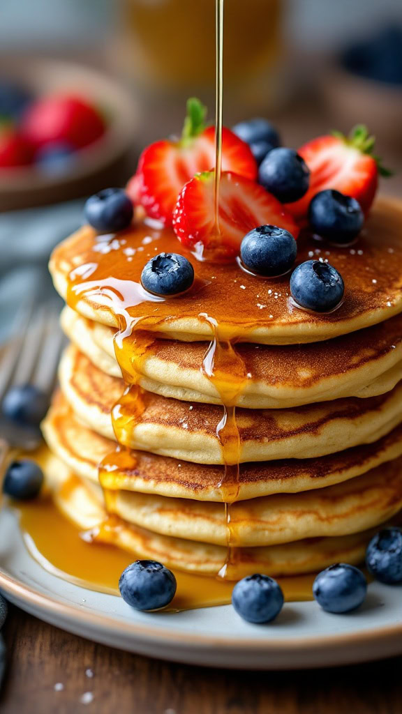 These vegan pancakes are a game changer for breakfast lovers. Fluffy and delicious, they’re topped with fresh strawberries and blueberries, making them a treat for both your taste buds and your eyes. Check out this easy vegan pancake recipe to make your mornings brighter!