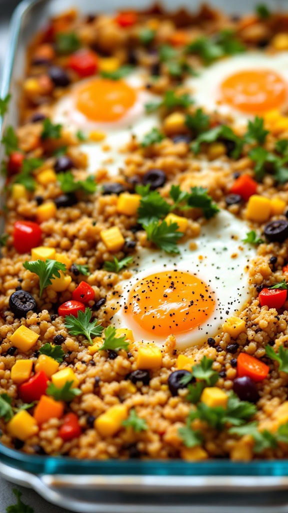 This vegan quinoa breakfast casserole is a tasty way to start your day. Packed with colorful veggies, it’s both nutritious and satisfying. Plus, the sunny-side-up eggs add a fun touch!