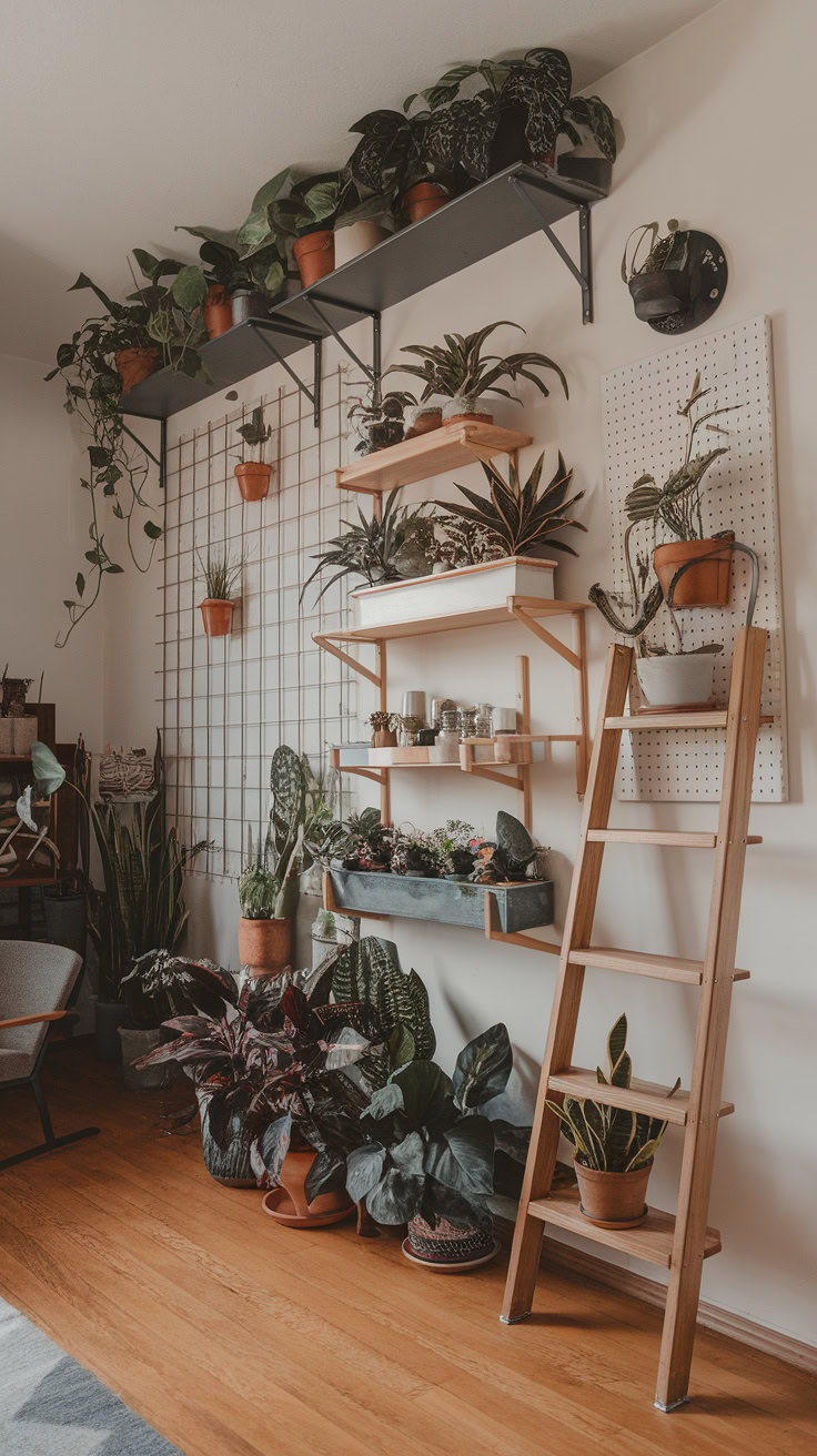 What It Is: A floor-to-ceiling display that turns a blank wall into a living masterpiece. Use wall-mounted grids, tiered shelves, or pegboards to hold a variety of plants.