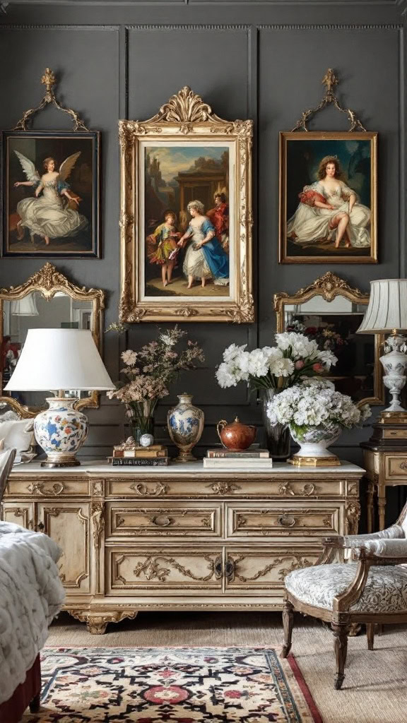 Bring character to the space with vintage artwork, ornate frames, and antique finds. These unique details tell a story and make the room feel one of a kind.