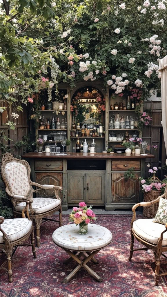 This vintage garden bar brings old-school charm to your outdoor space. Rustic shelves, blooming flowers, and comfy seating create a relaxed, inviting vibe.