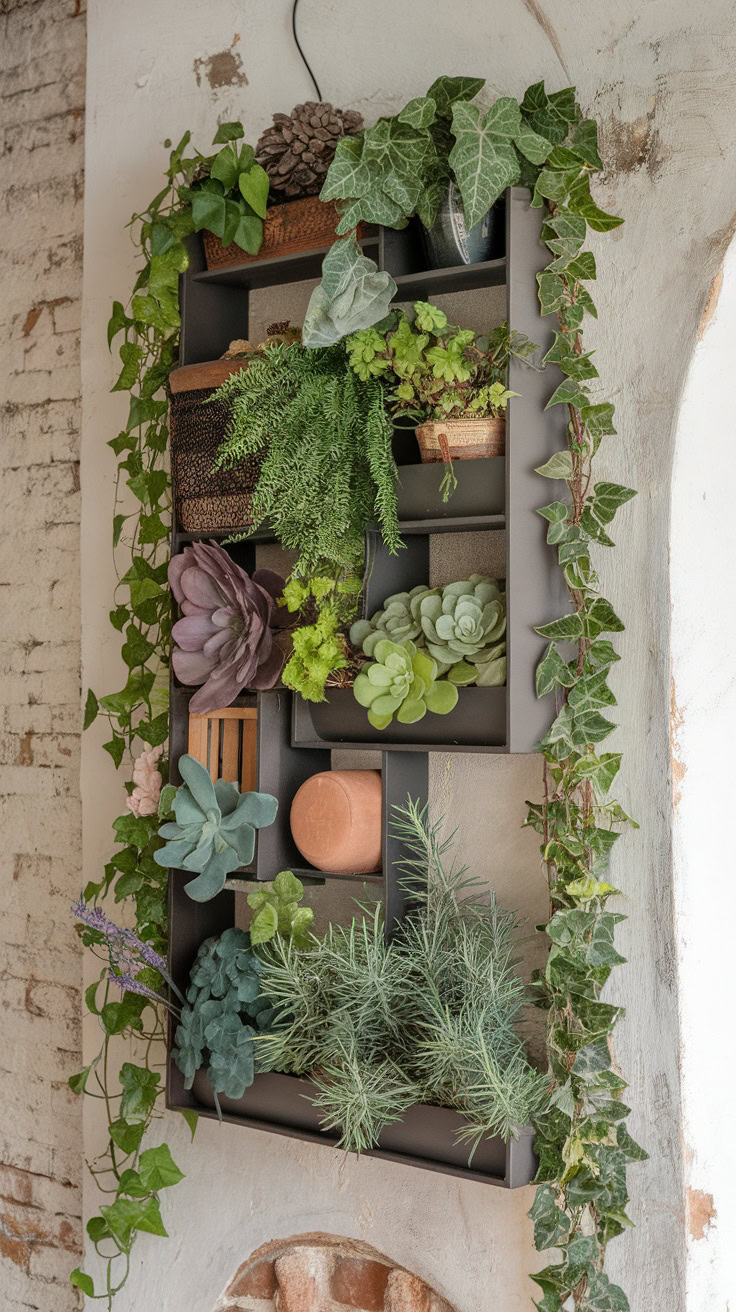 Creating a wall-mounted planter gallery is a fun way to add life to your living room. You can mix different plants and textures for an eye-catching display. This setup not only saves space but also makes your wall a unique focal point.