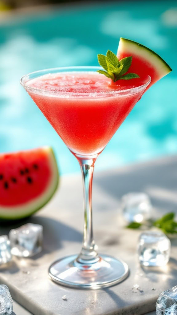 A vibrant Watermelon Mint Martini garnished with fresh mint and a slice of watermelon.