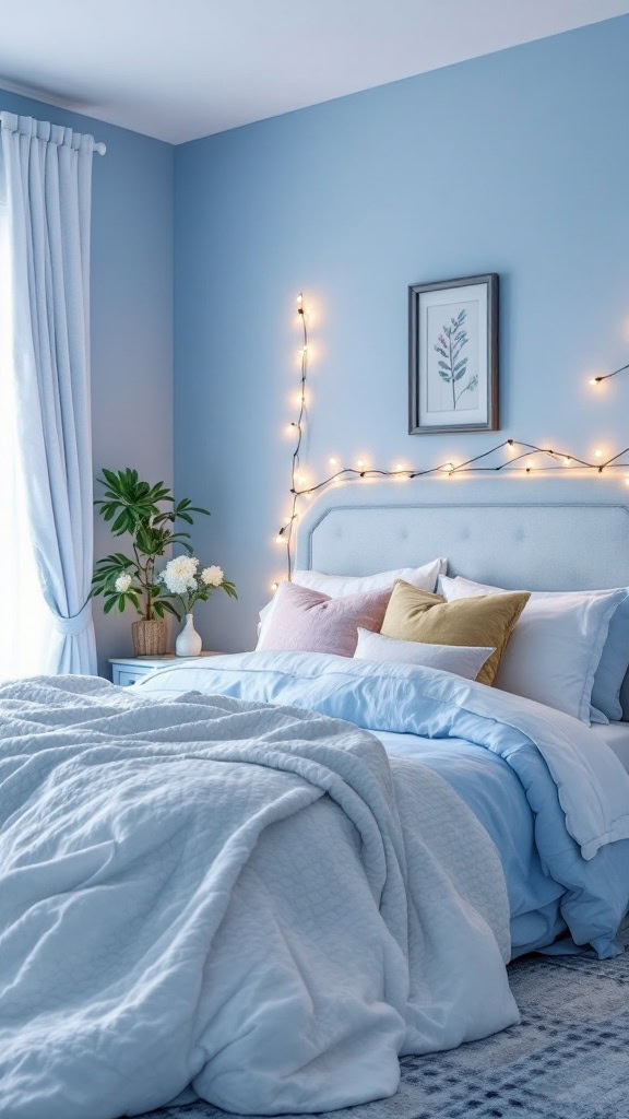 This dreamy room captures a fairytale vibe with its soft pale blue tones. Twinkling fairy lights add a magical touch, making it feel cozy and inviting. The gentle mix of plants and textures creates a relaxing escape from the everyday hustle.