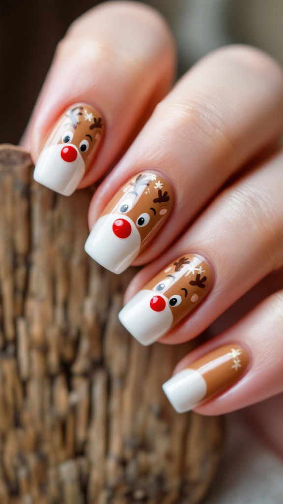 Celebrate the season with whimsical reindeer nail art. Adorable reindeer faces with bright red noses bring a playful and festive touch to your nails.