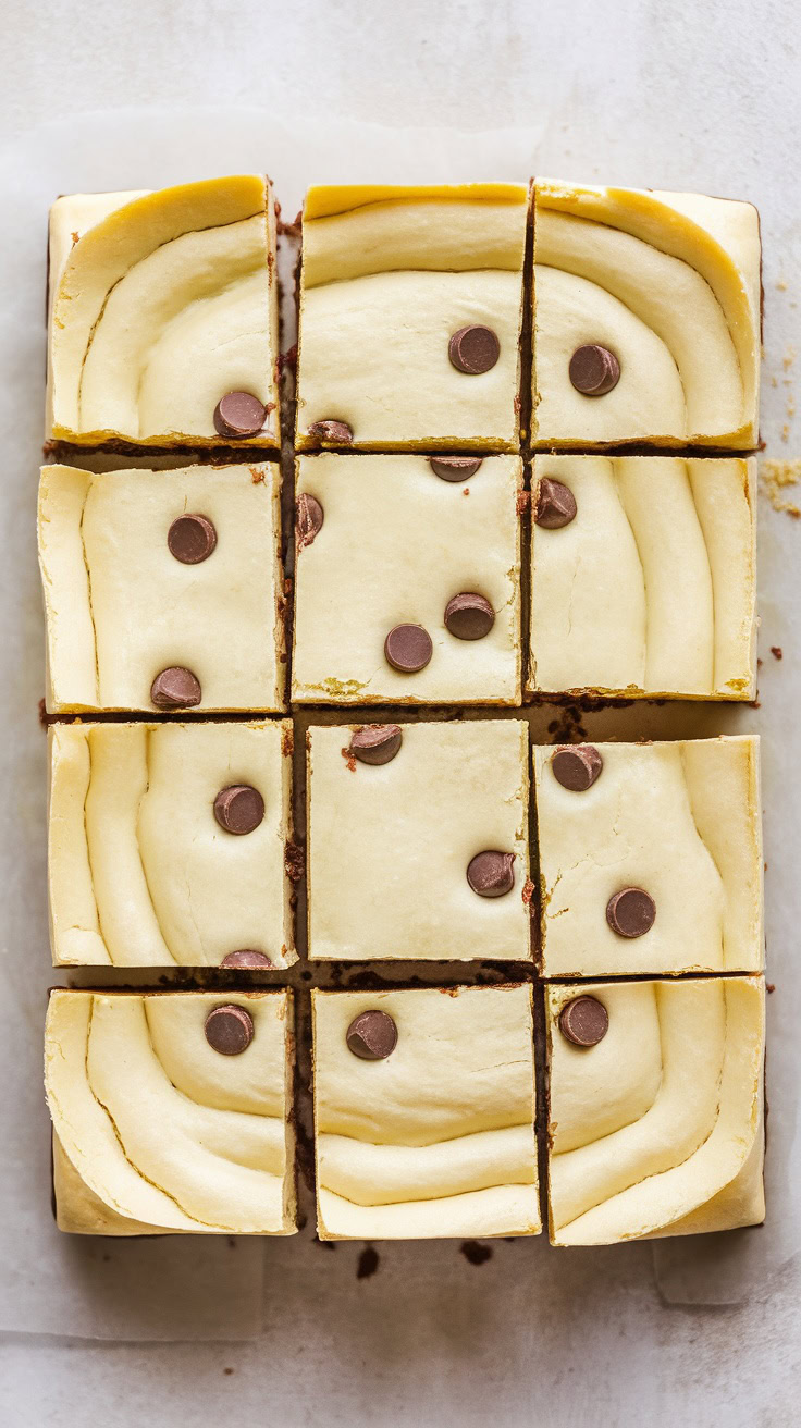 Deliciously cut white chocolate brownies with chocolate chips on top.