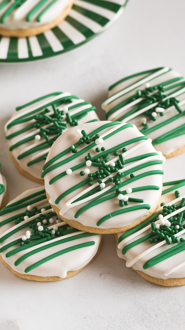 White dipped thin mints with green sprinkles and drizzles