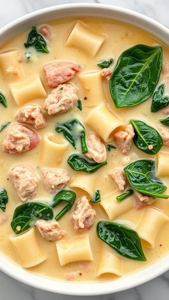 A bowl of White Lasagna Soup with pasta, chicken, and spinach.