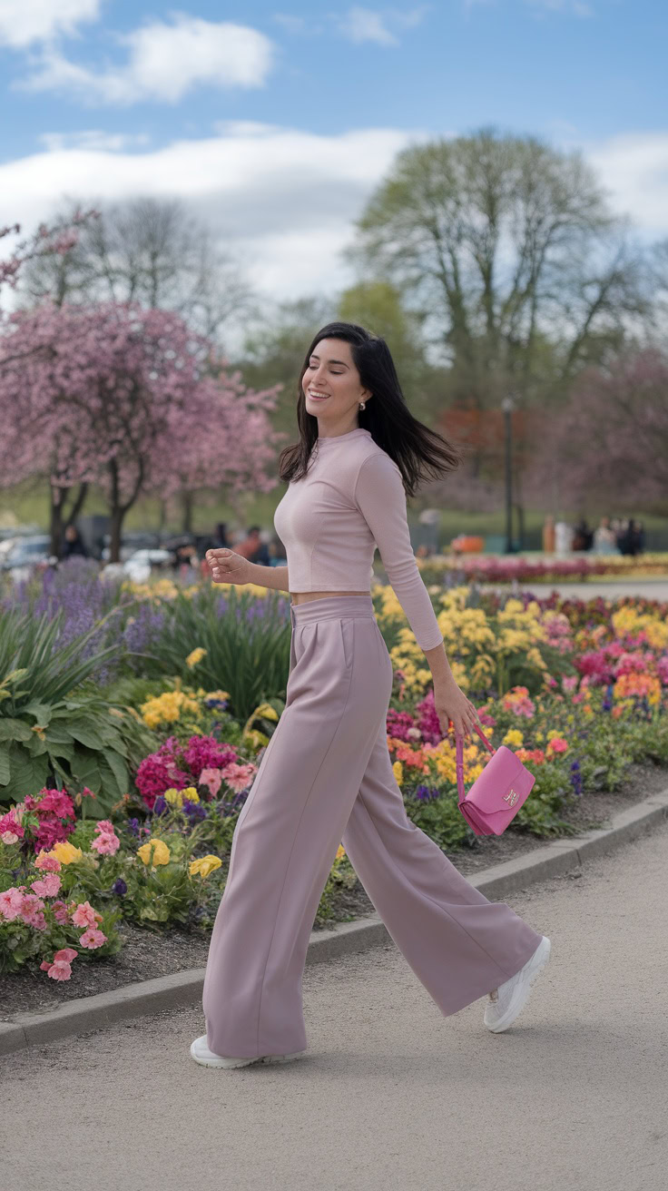 Wide-leg pants and cropped tops are perfect for a fresh spring look. This combo gives a relaxed vibe while still being stylish and fun. Whether you're out for a casual stroll or meeting friends, this outfit will turn heads and keep you comfortable.