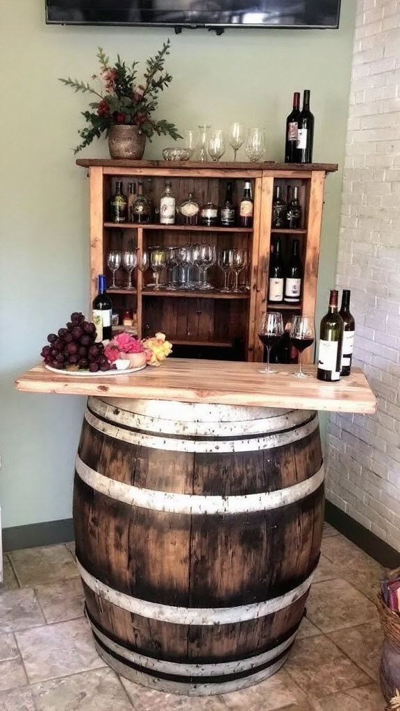 A wine barrel bar adds a touch of rustic elegance to your backyard. Use it as a drink station to showcase your favorite bottles and glasses.