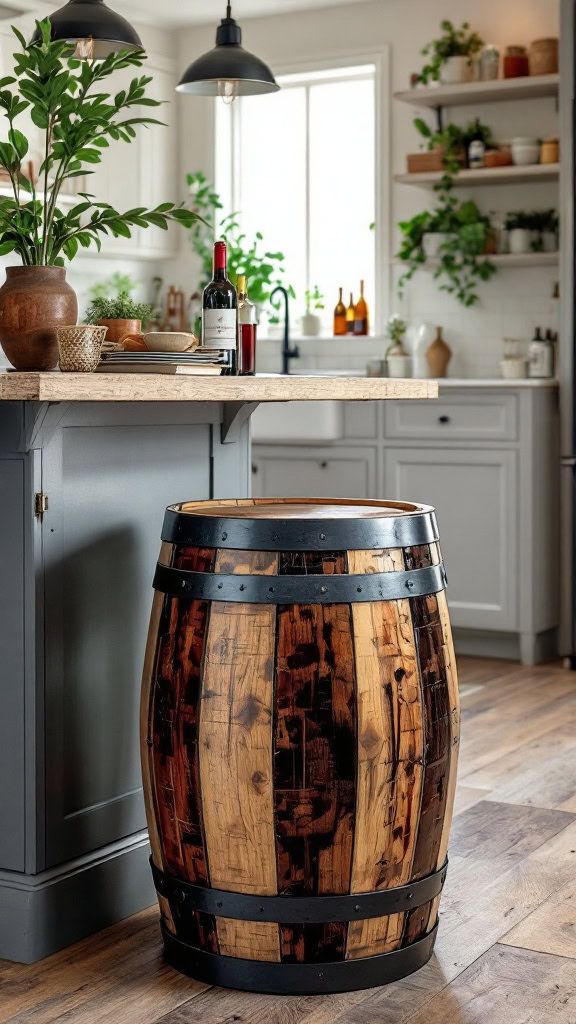 This wine barrel bar stool brings a rustic touch to any space. Made from reclaimed wood, it adds charm and character while being functional. Perfect for gatherings or a cozy drink at home!