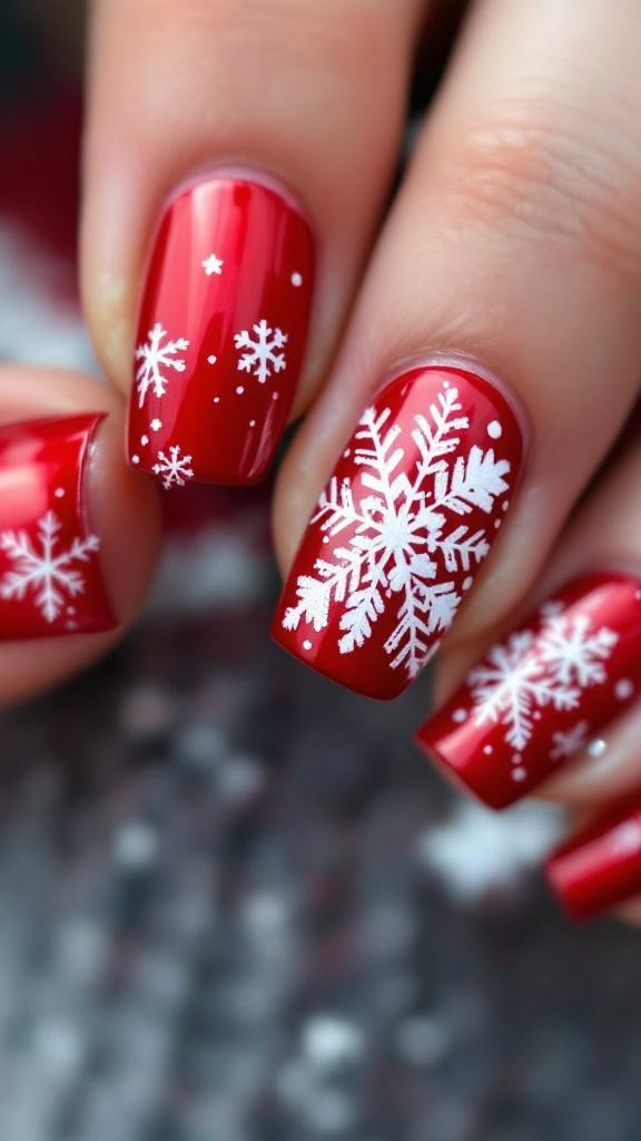 Red snowflake nails are a fun way to celebrate the season. The combination of bold red and delicate white designs creates a festive look. Perfect for holiday parties or cozy gatherings, these nails add a cheerful touch to any winter outfit.