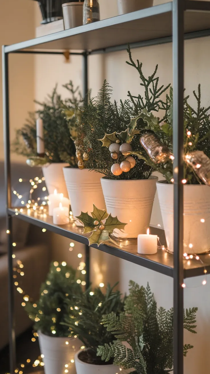 Winter is a perfect time to cozy up your plant shelf. Add some fairy lights and festive ornaments to create a warm glow. A few candles can also bring a touch of magic to your living space.