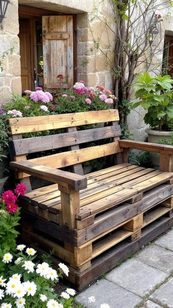 A wooden pallet garden bench adds a cozy touch to any outdoor space. It's not only a practical seating option but also a fun DIY project for those who love to create. Plus, it blends perfectly with the surrounding flowers and greenery!