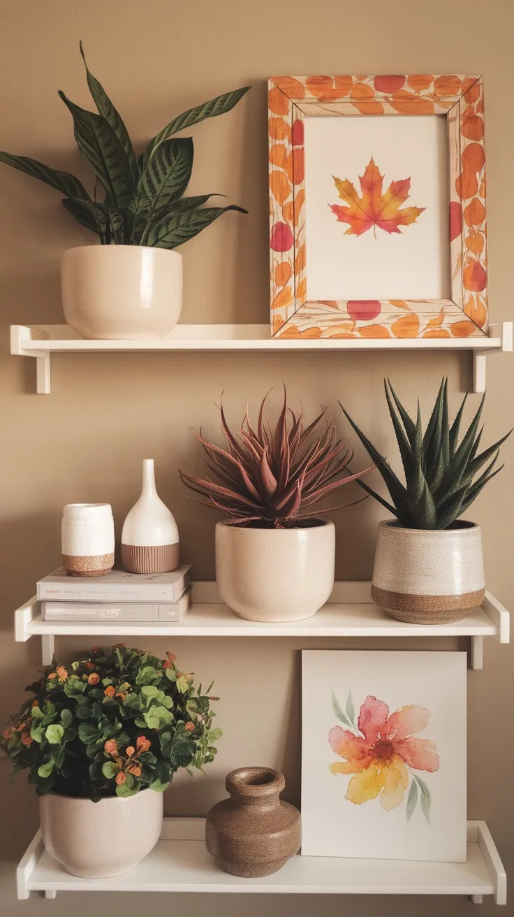 Creating a cozy living room plant shelf is easy with the right year-round touches. Mix different plants in various shapes and colors to keep things lively. Add seasonal decorations like framed art or little accents to keep the vibe fresh and inviting.