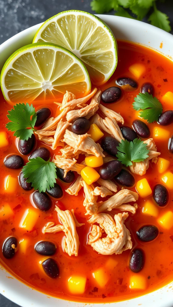 A bowl of zesty Mexican chicken soup topped with cilantro and lime slices.